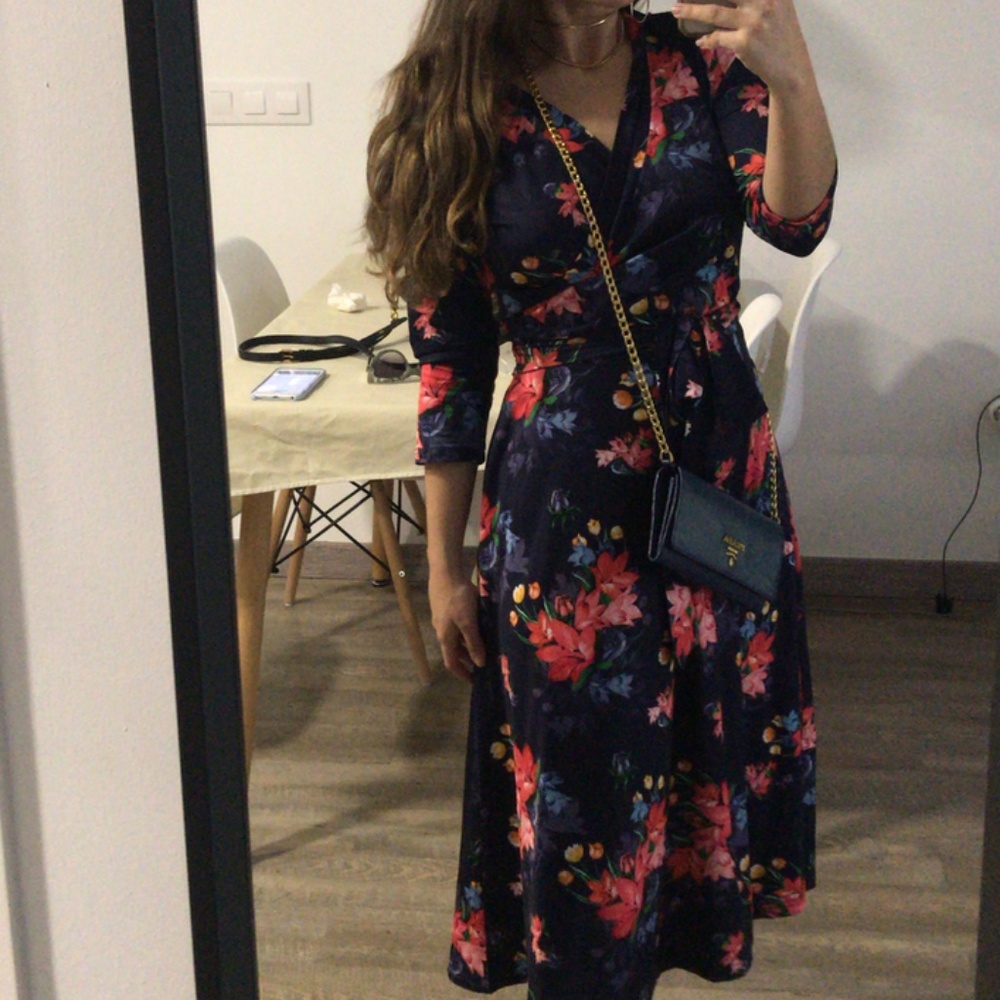 Mid Length Navy Blue and Coral Floral Dress